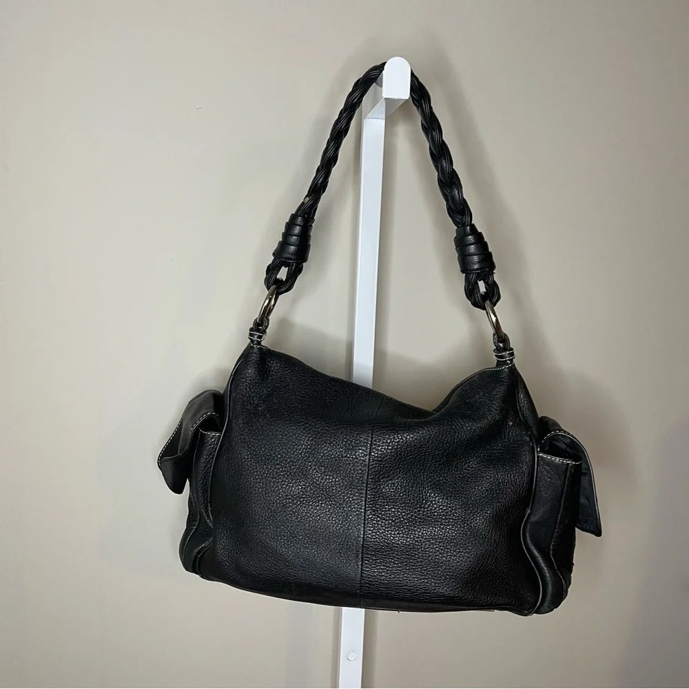 Lauren Ralph Lauren Black Leather Shoulder Bag Braided Strap Hobo Purse - Picture 3 of 7